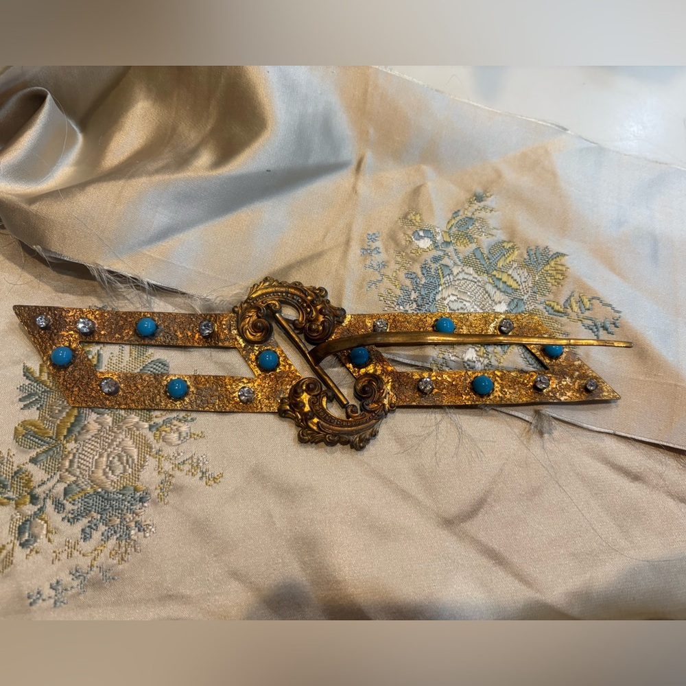 Antique Victorian Belt Buckle with Intricate Crystal Design